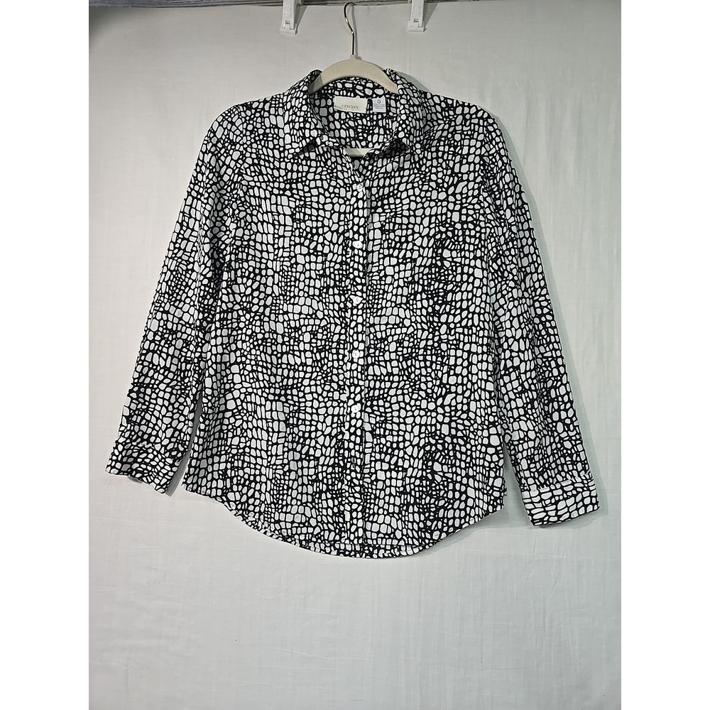 Chicos LS Blouse Women 0 (S/4) Animal Print Black White Button Up Mob Wife